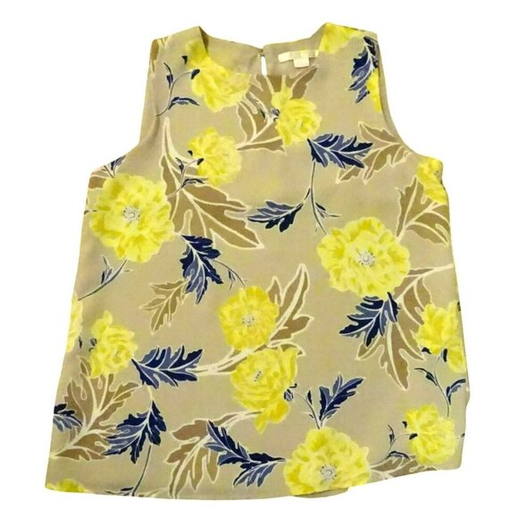 C&E Sleeveless Khaki Floral Blouse in Extra Small with Blue and Yellow Flowers - Picture 1 of 7